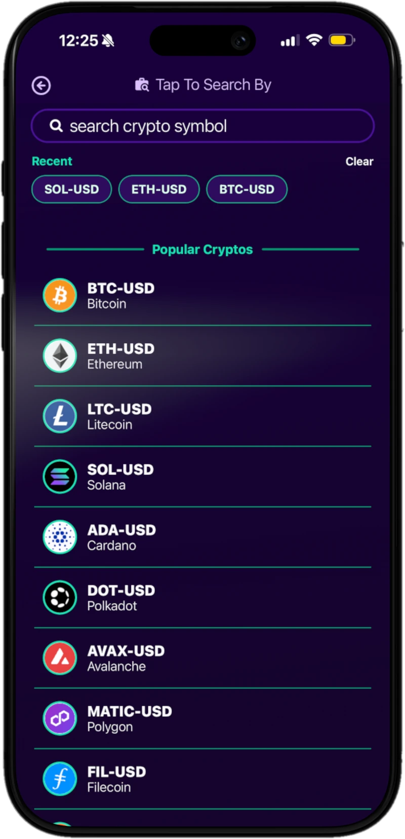 Rapunzl crypto search screen listing Bitcoin, Ethereum, Litecoin and more