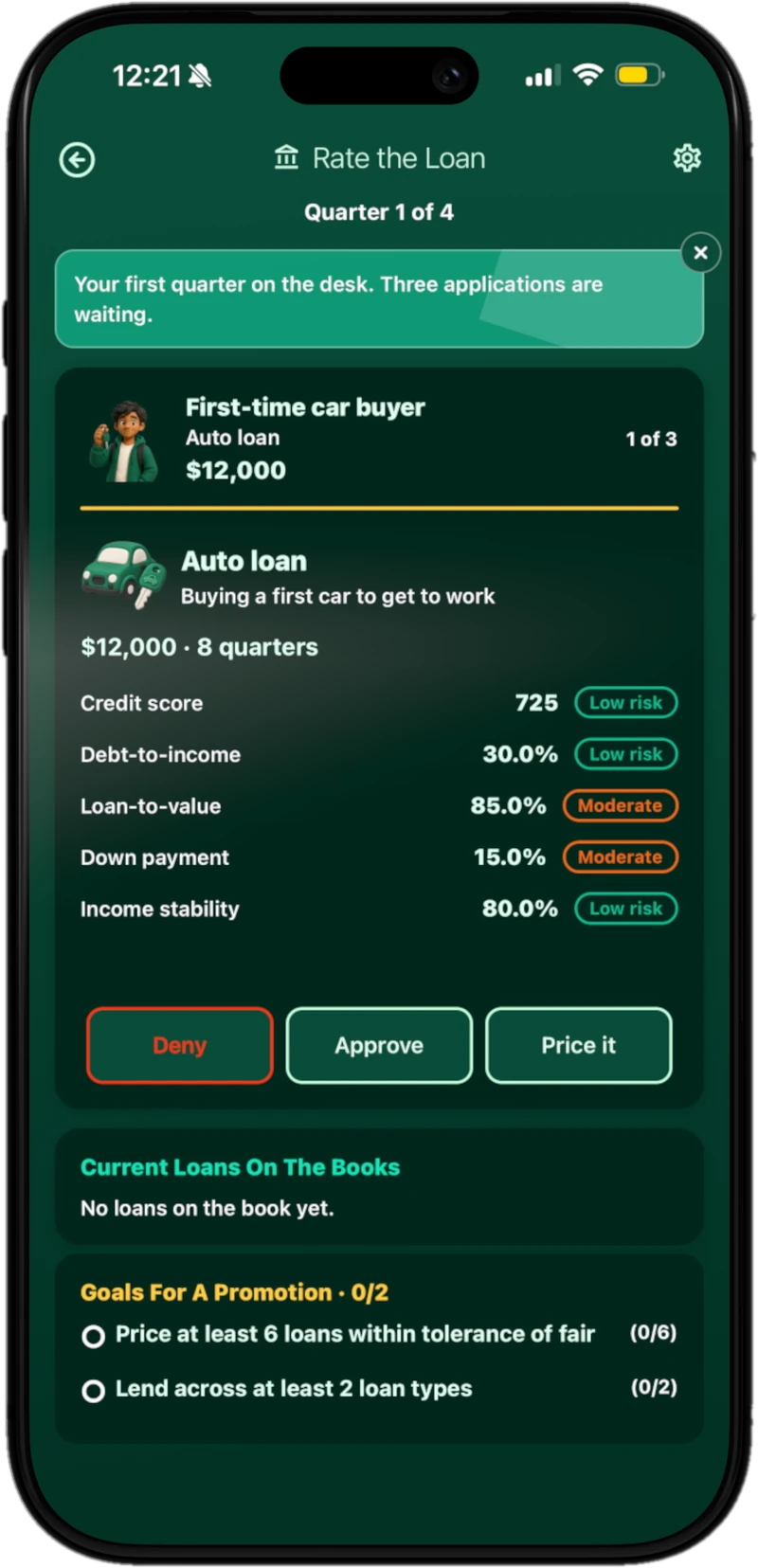 Borrower application card in Rate the Loan with approve, deny and price options