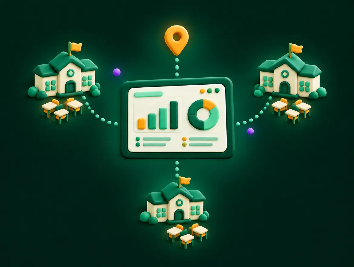 Clay illustration of three schools linked to one district dashboard