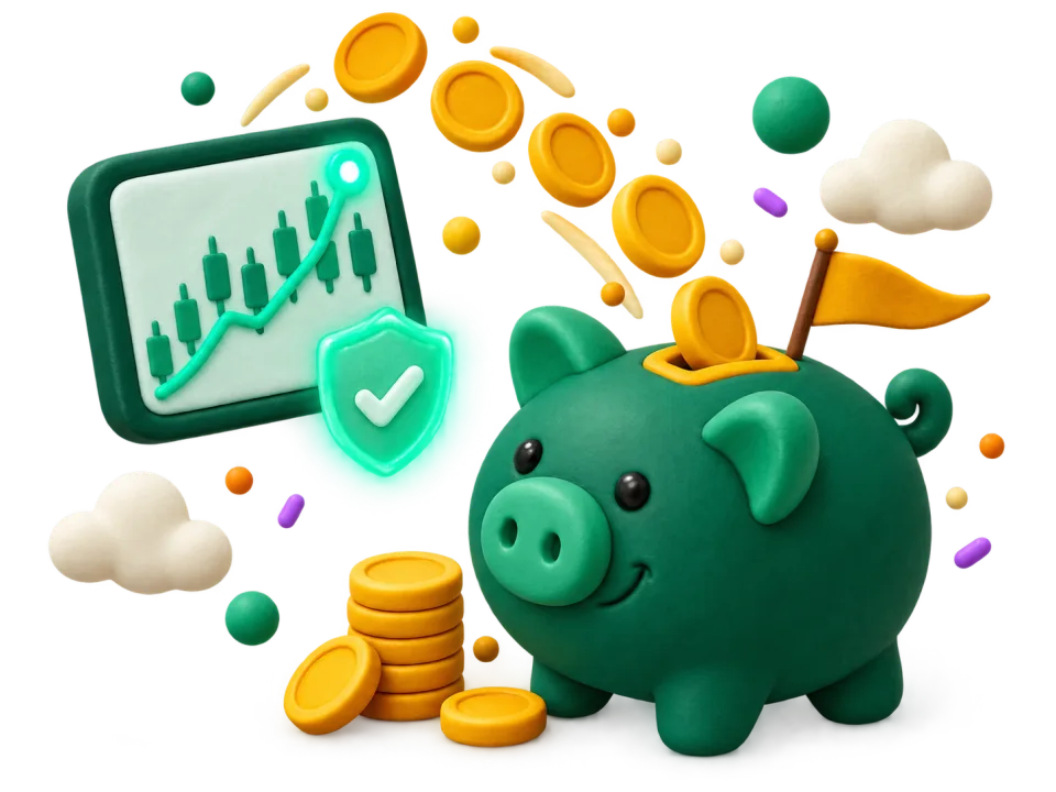 Piggy bank beside a rising market chart and a shield checkmark, for Rapunzl's simulated markets and real scholarships