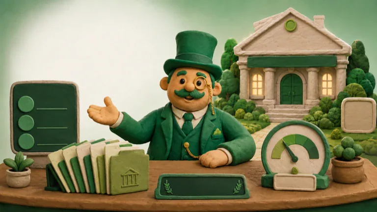 Clay illustration of a banker character at a loan desk in Rate the Loan