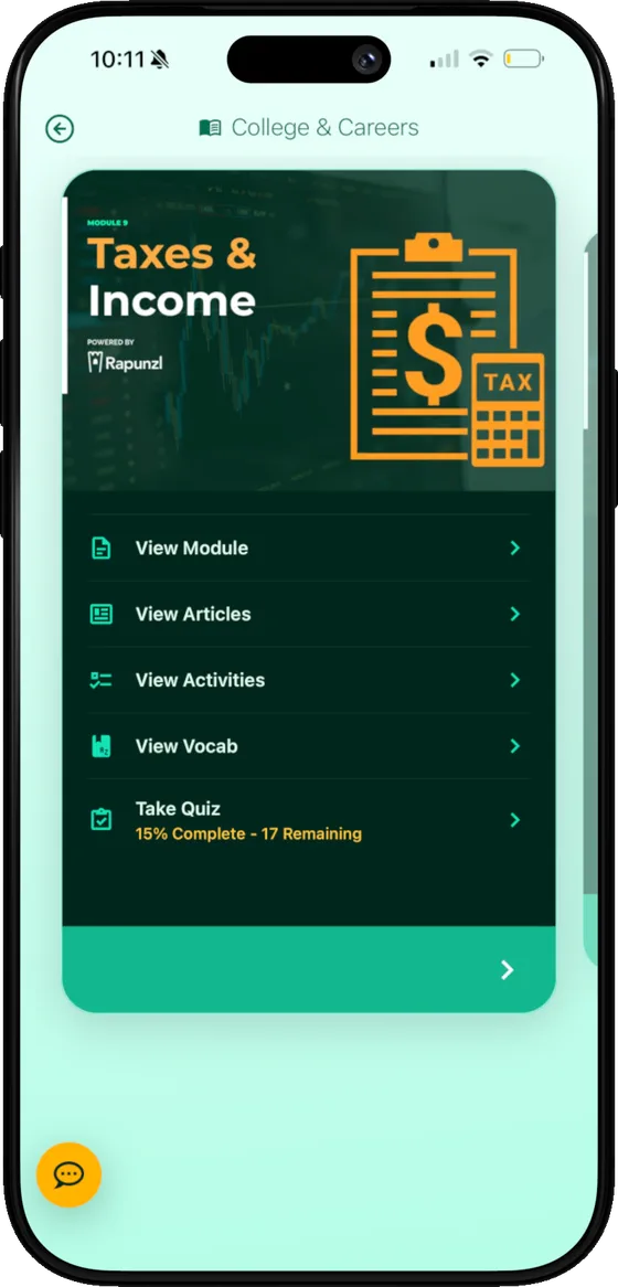 Rapunzl app showing a course module with options to view articles, activities and vocab, and take a quiz