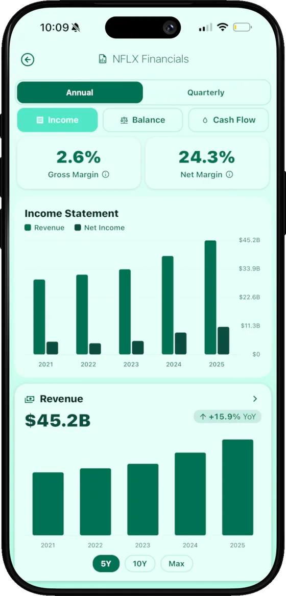 Rapunzl app showing a company's income statement with annual revenue and net income bars and its gross and net margins