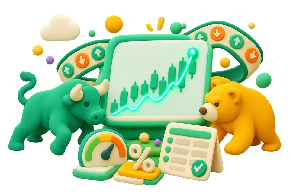 Claymorphic illustration of a bull and bear beside a rising candlestick chart, a market gauge, and a company financial statement