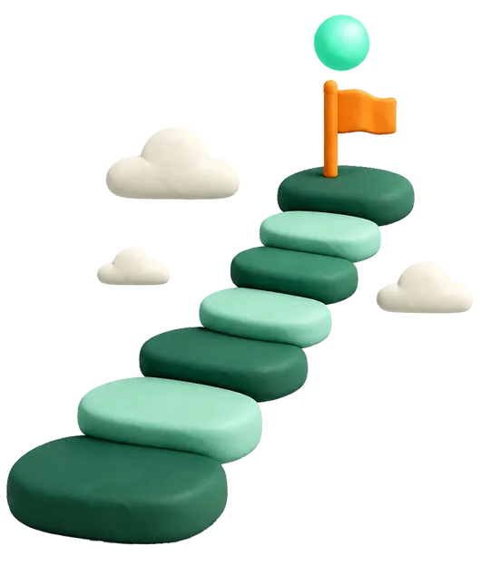 Claymorphic winding path of stepping-stones ascending to an orange summit flag and a glowing mint orb