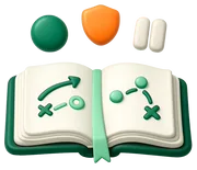 Claymorphic open playbook with three strategy pieces above it