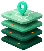 Claymorphic layered map slabs with a mint pin — structural price levels