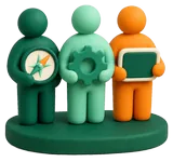 Three abstract claymorphic figures on a shared platform — the principals