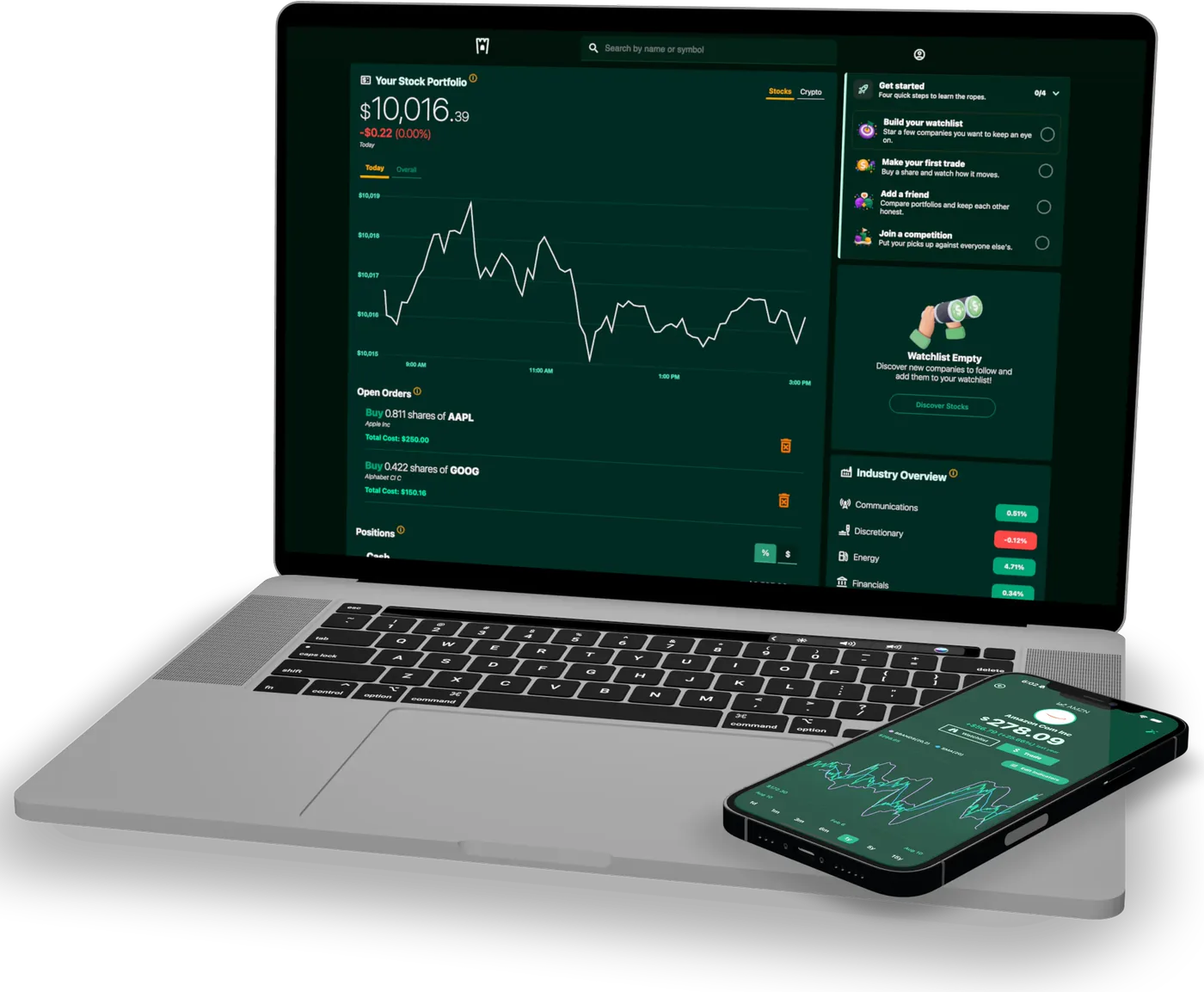 Rapunzl on a laptop and a phone: a student's simulated $10,016 stock portfolio with an intraday chart, open orders for Apple and Alphabet, and a live price chart on the phone