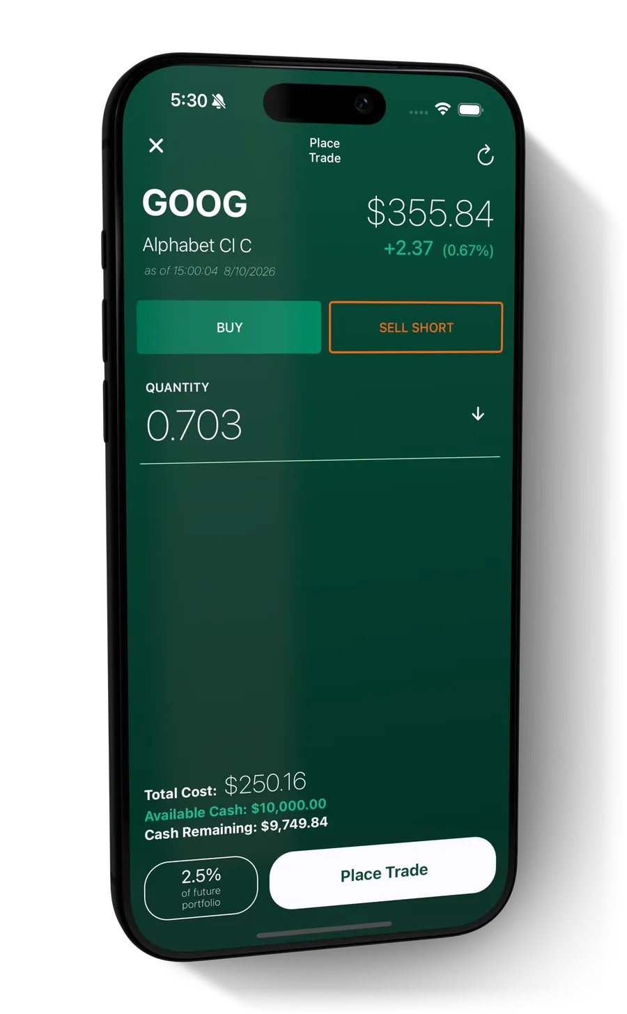 An order ticket on a phone for Alphabet, with buy and sell-short buttons, a fractional share quantity, and the total cost drawn against a simulated cash balance