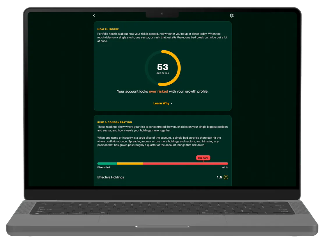 Portfolio Health diversification score ring with risk stats in the Rapunzl web app